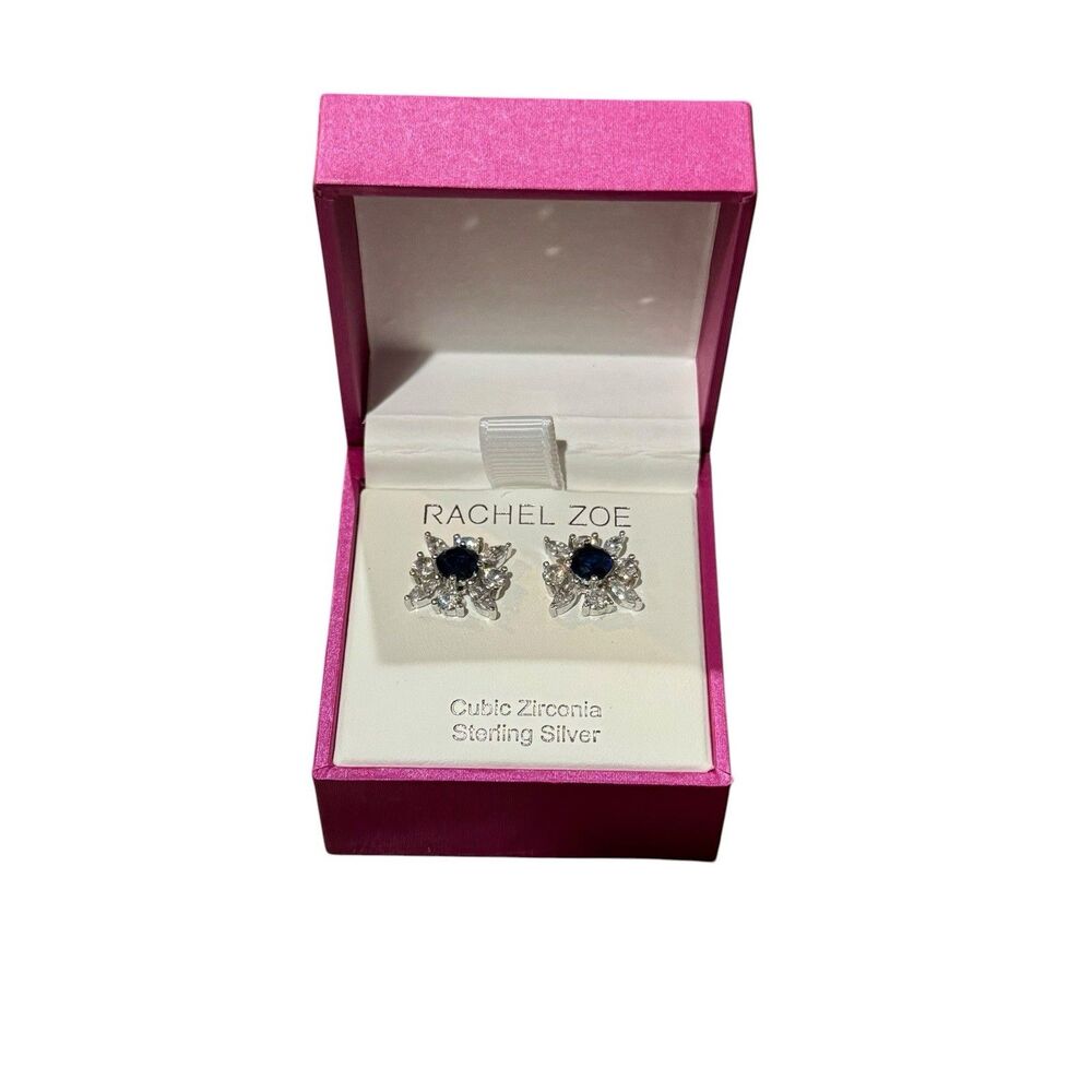 Rachel Zoe Sterling Silver CZ Blue Flower Starburst Stud Earrings w/ Box